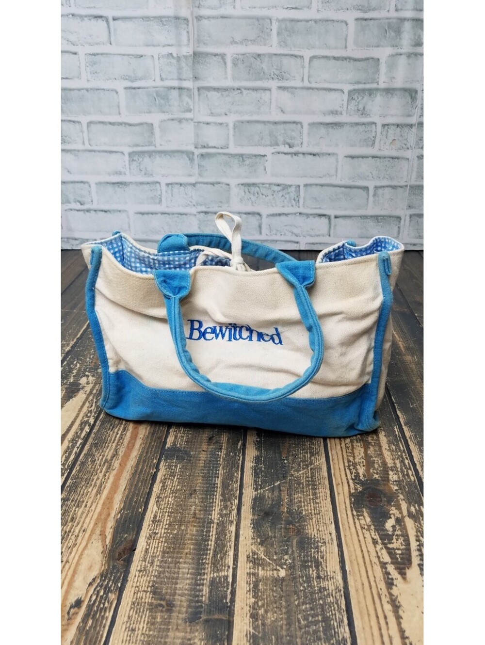 Vintage Bewitched Canvas Tote Bag Blue Handles 12" x 5" x 9"